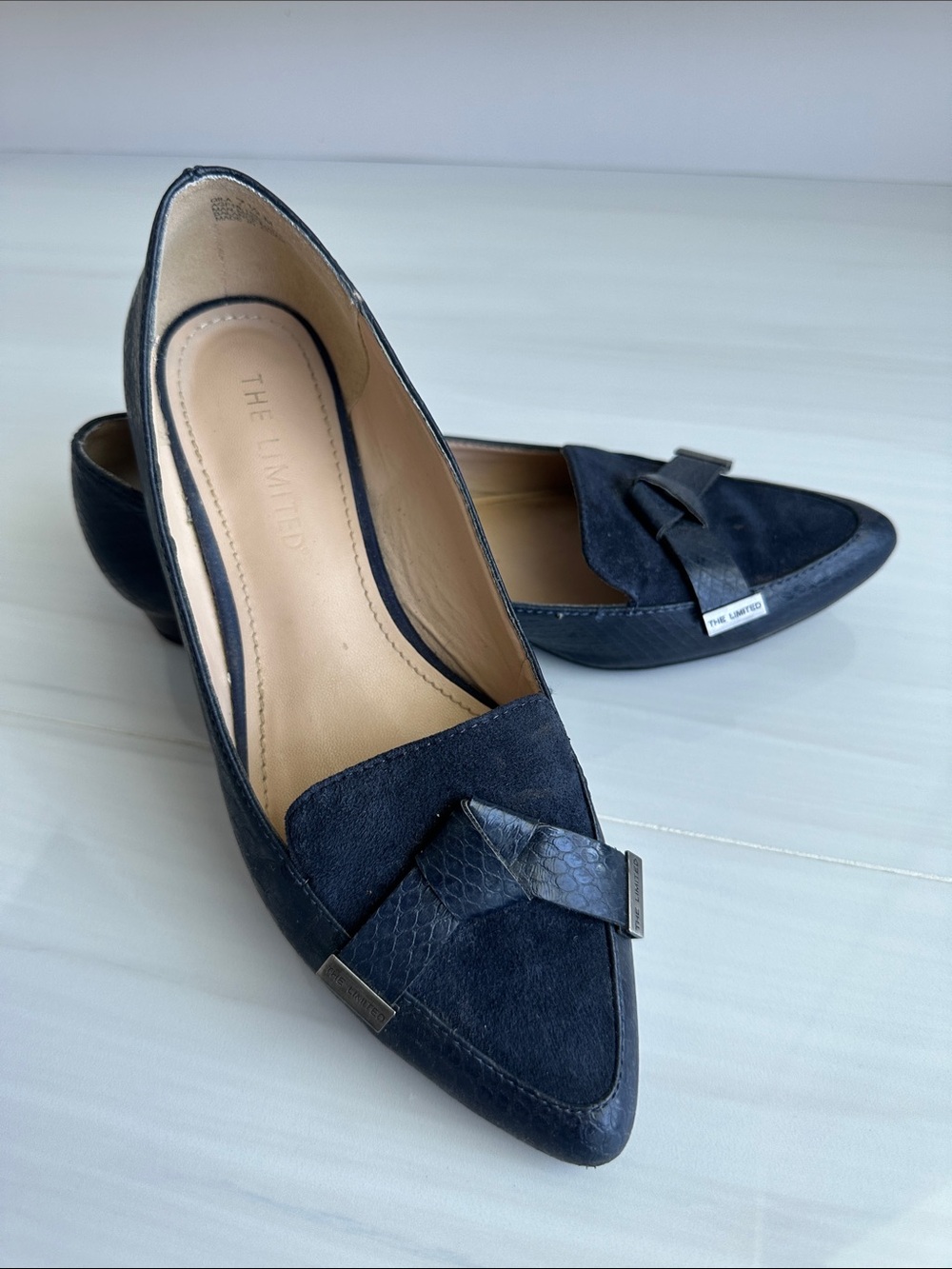 The Limited Pointed Toe Navy Suede and crock print Loafers with Decorative Strap